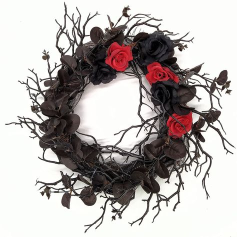 Black Halloween Wreath, Red Rose Wreath, Halloween Door Wreaths, Black Wreath, Autumn Wreaths For Front Door, Feliz Halloween, Swag Wreath, Porte Decorate, Twig Wreath