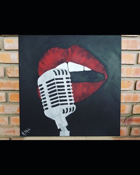 Microphone Painting, Music Canvas Painting Ideas, Music Painting Ideas Easy, Music Related Paintings On Canvas, Music Canvas Painting, Painting Of Lips, Music Painting Ideas, Music Acrylic Painting, Microphone Painting Canvases