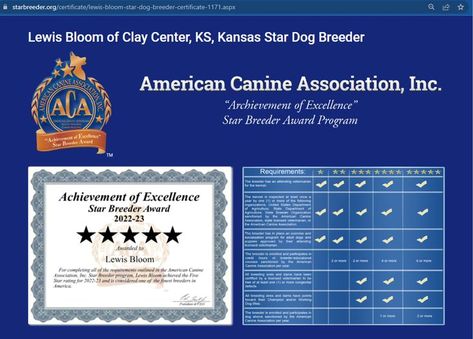 Lewis Bloom dog breeder 5-Star Breeder Certificate page Dog Breeders Kennels, Certificate Images, Pretty Dark Skin, Dog Breeders, Premium Dog Food, Good Dog, All Dogs, Puppy Mills, Dog Breeder