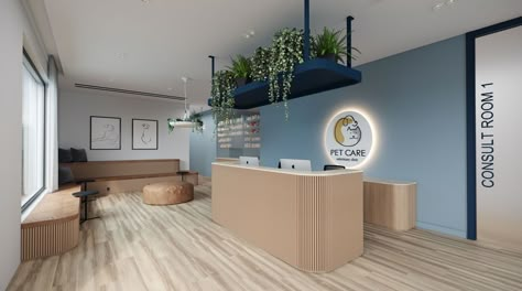 Veterinary Clinic Interior, Veterinary Lobby Reception Areas, Veterinary Decor Ideas, Modern Veterinary Clinic Hospital Design, Veterinarian Office Decor, Vet Waiting Room, Modern Vet Clinic, Vet Clinic Design Interiors, Modern Veterinary Clinic