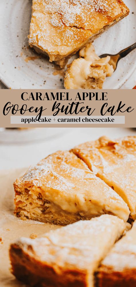 A ooey gooey dessert mashup of cinnamon apple cake and caramel cheesecake that's rich and indulgent and SO delicious! Apple Honey Dessert, Apple Gooey Butter Cake, Apple Tasting, Cinnamon Apple Cake, Apple Baking, Ooey Gooey Butter Cake, Caramel Apple Cake, Sweet Surrender, Caramel Apple Cheesecake