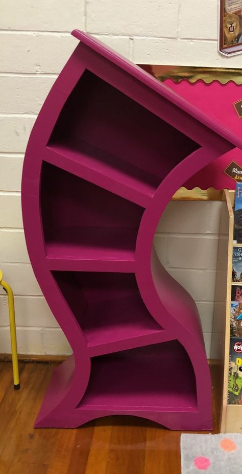 Dr Seuss Furniture, Weird Bookshelves, Funky Painted Shelves, Weird Furniture Diy, Funky Bookcase, Funky Bookshelves, Whimsical Bookshelves, Novelty Furniture, Cool Bookshelf