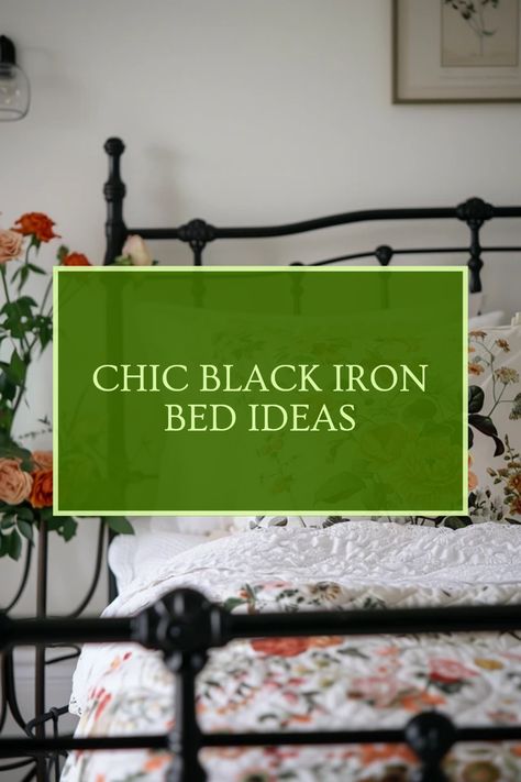 Explore chic decorating ideas for black iron beds, combining vintage and modern styles to create a beautiful bedroom. This pin features styling tips and inspiration for designing a cozy and elegant sleeping space. Black Rod Iron Bed Decor, Bedding For Black Iron Bed, Nightstands With Black Iron Bed, Black Wrought Iron Bedroom Ideas, Iron Headboard Bedroom Ideas, Bedroom With Iron Bed Decorating Ideas, Iron Bed Decorating Ideas, Bedroom With Black Iron Bed, Bedroom With Black Metal Bed