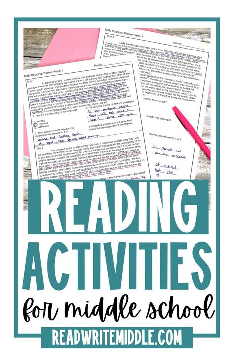 Looking for ways to spice up your reading comprehension activities with your middle school students? Check out these fun and engaging reading comprehension activities and worksheets for your sixth grade, seventh grade, and eighth grade students. Your 5th grade, 6th grade, and 7th grade students will benefit from the context clues, theme, making inferences, and main idea practice in these ELA worksheets. These activities and Language Arts lessons are just right for students in grades 5, 6, & 7. Main Idea Middle School, Reading Activities For Middle School, Middle School Reading Activities, 7th Grade Reading, Teaching Reading Strategies, Fun Reading Activities, Reading Test Prep, Ela Worksheets, 6th Grade Reading