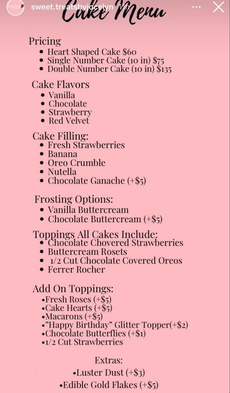 Home Baker Menu Ideas, Chocolate Covered Treat Prices, Baking Business Menu Ideas, Treat Pricelist, Bakery Ideas Business, Treat Maker Business, Cupcake Price List, Treats Price List, Cake Shop Names