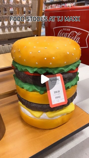 Anna | Decor | Deals & Sales on Instagram: "How fun are these food stools at @tjmaxx?!🤩🤩 I never see these and I saw 3 at the same time!! I wanted the cheeseburger so bad 😭 $60 each!   #tjmaxx #tjmaxxfinds #tjmaxxfind #tjmaxxfinds #tjmaxxhaul #tjmaxxstyle #tjmaxxdecor" Food Stool, Food Stools, Tj Maxx Decor, Tjmaxx Finds, Cheeseburger, Home Goods