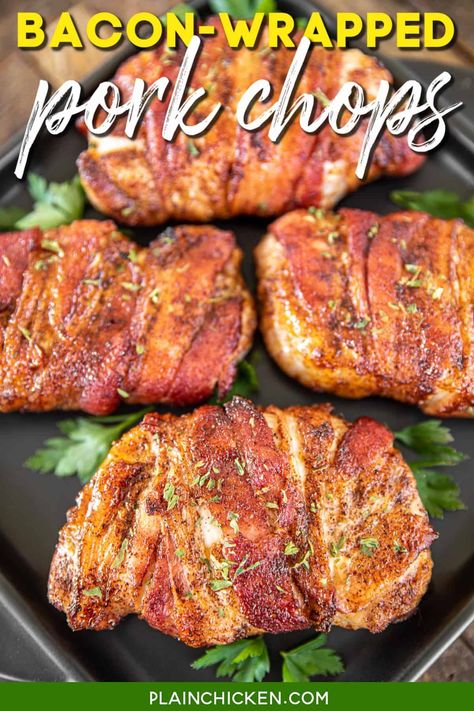 Bacon Wrapped Pork Chops, Bacon Wrapped Pork, Easy Pork Chops, Pork Chop Recipes Baked, Pork Chop Dinner, Juicy Pork Chops, Bacon On The Grill, Pork Bacon, Chop Recipes