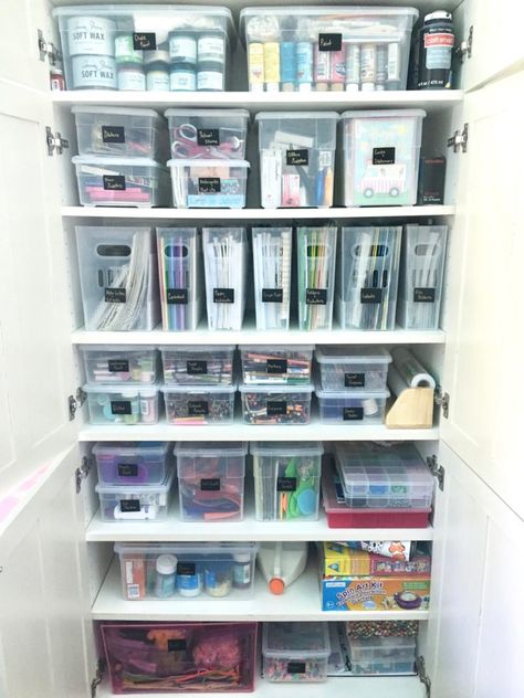 Organization Ideas For Office Supplies, Arts And Crafts Cupboard, Art And Craft Storage Cabinet, Art Supplies Storage Closet, Arts And Crafts Office, Organize Office Supply Cabinet, Billy Bookcase Art Supplies, Office Supply Cabinet Organization, Office Cupboard Organization