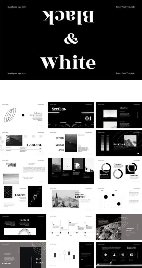 Black And White PowerPoint Template - Powerpoint Hub Template Black And White, Sleek Graphic Design, Black Template, Black And White Layout, Black And White Layout Design, Black And White Template, Black Layout, Black Portfolio, Free Powerpoint Templates