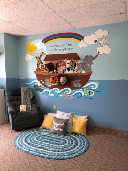 Creation Mural Bible, Noah’s Ark Bedroom, Noahs Ark Mural Nursery, Noahs Ark Theme Classroom, Noahs Ark Room Decor, Noahs Ark Classroom Decorations, Noah’s Ark Mural, Noahs Ark Nursery Theme Gender Neutral, Sunday School Mural