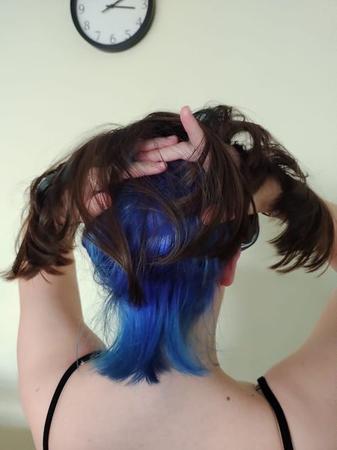 Cabelo castanho pintado de azul em baixo Under Blue Hair, Blue Hair Dye Underneath, Blue Underdye Hair, Under Dye, Undercolor Hair, Under Hair Dye, Underdye Hair, Hair Dyed Underneath, Bleached Tips