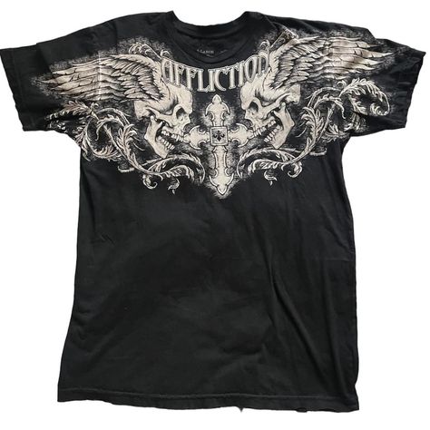 affliction black t shirt ♱ ♱ ♱ i own a cat, so im... - Depop Affliction Shirts Men, Black Affliction Shirt, Black Y2k Shirt, Affliction Outfits, 2000s Shirts, Affliction Tshirt, Affliction Clothing, Affliction Shirts, Affliction Shirt