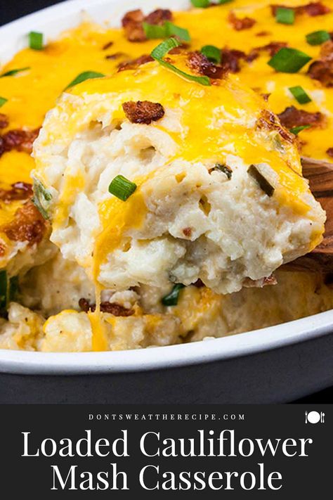 Loaded Cauliflower Mash Casserole is a perfect swap out for twice baked potatoes. It's unbelievably tasty and full of the loaded baked potato flavors you crave! #keto #lowcarb #easy #healthy Baked Califlower, Califlower Mashed, Loaded Cauliflower Mash, Baked Cauliflower Casserole, Loaded Cauliflower Bake, Keto Mashed Cauliflower, Twice Baked Cauliflower, Mashed Cauliflower Recipe, Loaded Cauliflower Casserole