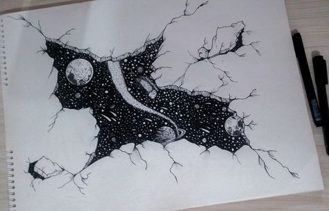 Outer Space Tattoos Black And White, Galaxy Drawing Black And White, Galaxy Pencil Drawing, Space Drawing Galaxies Pencil, Universe Tattoo Galaxies Black And White, Multiverse Drawing, Outer Space Sketch, Ink Reference, Galaxy Black And White