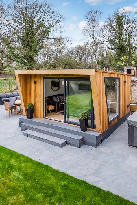 Summer house building used as a an extra space in the garden with a hot tub Summer Houses Uk, Small Holding, Insulated Garden Room, Garden Cabins, Summer House Garden, Garden Workshops, British Garden, Gardens Design, Large Garden