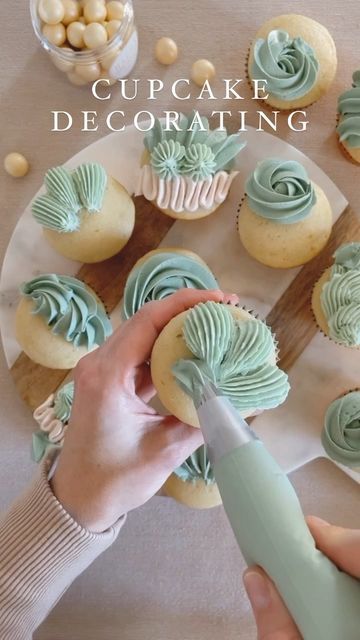 Pink And Green Cupcake Ideas, How To Make Sage Green Buttercream, Sage Green Icing How To Make, Sage And White Cupcakes, Sage And Blush Cupcakes, How To Make Sage Green Frosting, How To Make Sage Green Icing, Sage Green Frosting, Cupcake Piping Designs