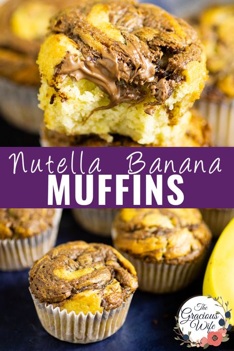 These Nutella Banana Muffins are the softest, fluffiest banana muffins with a decadent swirl of chocolate Nutella, and they're super quick and easy to make! Banana Nutella Muffins, Banana Muffins Recipe, Nutella Muffins, Favorite Casseroles, Banana Muffin Recipe, Banana Nutella, Muffin Bread, Holiday Dessert Recipes, Chocolate Nutella