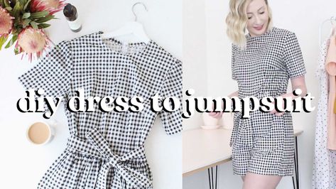 How to turn a dress into a jumpsuit! Download the template for this project here: <a ... Dress To Jumpsuit Diy, Jumpsuit Free Pattern, Dress To Romper, Jumpsuit Diy, Upcycle Dress, Dress To Jumpsuit, Jumpsuit Pattern Sewing, Diy Fashion Projects, Trendy Jumpsuit