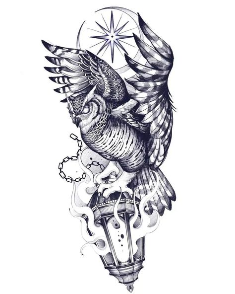 ART | BLACK’s Instagram photo: “Rate this artwork from 1-10 Follow for more!! . . . . . ##attoodesign #sketchbook #tattoosketches #inksketch #inksketches #designtattoo…” Snowglobe Tattoo, Tattoo Drawing Ideas, Cybersigilism Tattoo, Owl Tattoo Sleeve, Tattoo Homme, Owl Tattoo Drawings, Lantern Tattoo, Card Tattoo Designs, Owl Designs