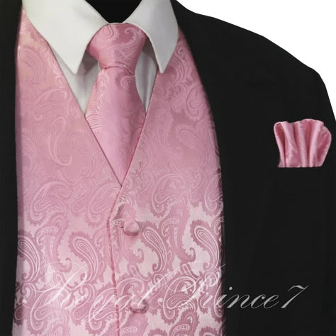 100% Brand new  Men's  Waistcoat Vest & Matching Neck tie and Matching Hanky (3pc Set) Neck tie is not pretied or clip on style, its self tie style Material: 100% Microfiber Two front pocket is for decoration only.  Pocket Square Handkerchief is about: 10" x 10" The Back of the vest is BLACK color. All Vests have an adjustable belted back for a perfect fit. Actual color may differ from the computer monitor display. All the actual measurements given below refer to the meas Pink Suit For Quince, Pink Quince Suits, Pink And White Chambelan Outfits, Light Pink Quince Chambelanes, Pink And Black Suit, Pink Tux, Paisley Tuxedo, Pink Tie And Pocket Square, Prince Suit