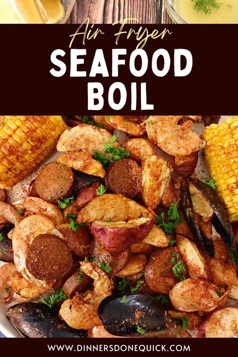 Indulge in a delectable seafood feast with my frozen Air Fryer Seafood Boil recipe! 🌊✨ Dive into tender shrimp, mussels, potatoes, sausage, and corn on the cob—all perfectly cooked in the air fryer. It's a flavorful delight that will leave you craving for more! #dinnersdonequick #SeafoodBoil #EasyDinnerIdeas #SeafoodLovers #frozenseafoodboil #seafoodboilwithfrozenseafood #seafoodboilfromfrozen #seafoodboilrecipes #howtomakeaseafoodboil #seafoodboilseasoning #howtocookseafoodboil Air Fryer Seafood Boil, Air Fryer Seafood, Seafood Boil Seasoning, Seafood Boil Recipe, Family Breakfast Recipes, Seafood Feast, Seafood Boil Recipes, Sausage Potatoes, Frozen Seafood