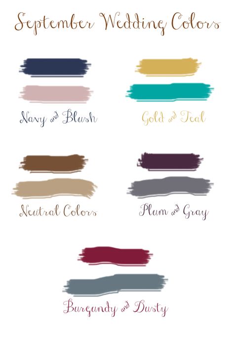 top 5 fall wedding colors for september brides 2015 Wedding Colors For September Weddings, Wedding In September Colors, September Wedding Ideas Color Palettes, End Of September Wedding, September Wedding Colors 2023, Fall Wedding Pallettes Color Schemes, September Wedding Colours, Late Summer Early Fall Wedding Colors, Late September Wedding Colors