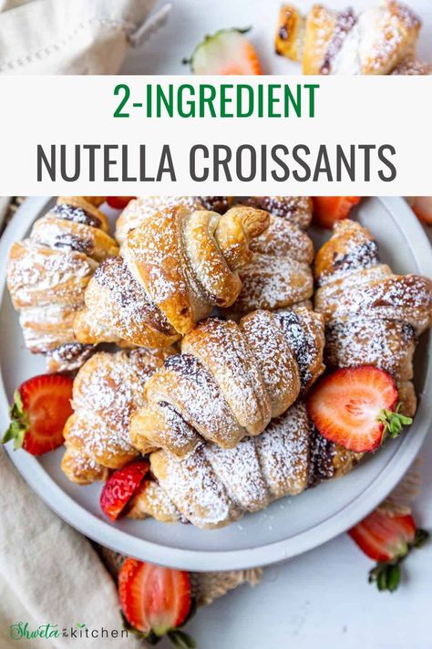 These 2 ingredient Nutella croissants are so easy! Made with puff pastry, these Nutella-filled croissants are flaky, buttery, warm, gooey, chocolatey, and so delicious! Puff Pastry Croissant, Delicious Healthy Dinner Recipes, Filled Croissants, Nutella Breakfast, Crossant Recipes, Nutella Croissant, Nutella Recipes Easy, Au Gratin Recipes, Nutella Desserts