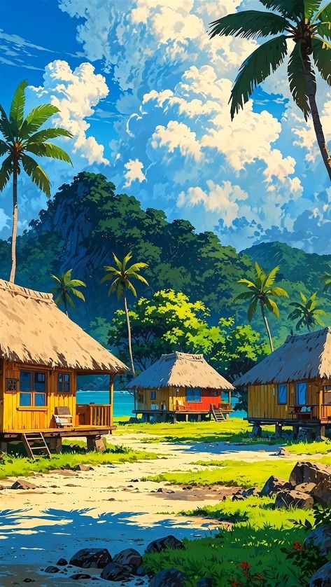 Village Concept Art, Village Hut, Island Mountain, Fiji Island, Art Island, Sky Island, Illustration Art Kids, Cool Pixel Art, View Wallpaper