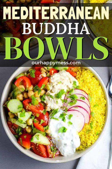 Packed with different textures and flavors, these Mediterranean Buddha Bowls are the perfect healthy meals to have on hand, especially if you want to easily add/substitute ingredients. Learn how to make your own with this guide - click to explore. Easy Healthy Buddha Bowls, 5 Minute Mediterranean Bowl, Buddah Bowl Mediterranean, Medditeranean Lunch, Mederteranian Bowls, Mediterranean Bowls Recipes, Mediterranean Diet Bowls, Meditrainian Bowl, Mediterranean Burger Bowl