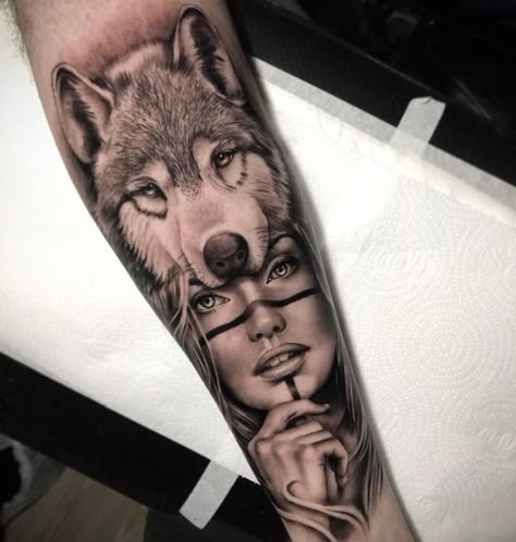 Wolf Girl Tattoos, Minnie Tattoo, Wolf Tattoos For Women, Mirror Tattoos, Beautiful Wolf, Wolf Tattoo Sleeve, Libra Tattoo, Wolves And Women, Skeleton Hand Tattoo