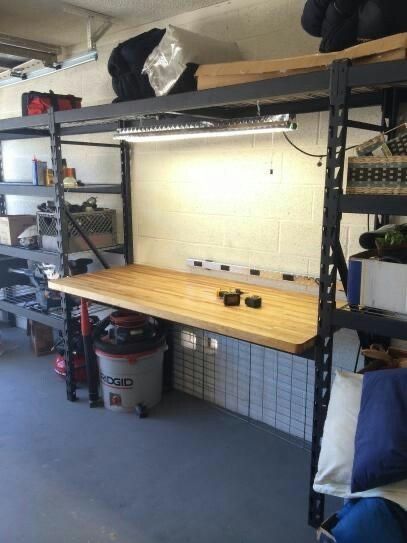 Commercial Shelving, Workbench Top, Plan Garage, Garage Organisation, Garage Workshop Organization, Garage Tool Storage, Garage Shed, Garage Work Bench, Diy Garage Storage