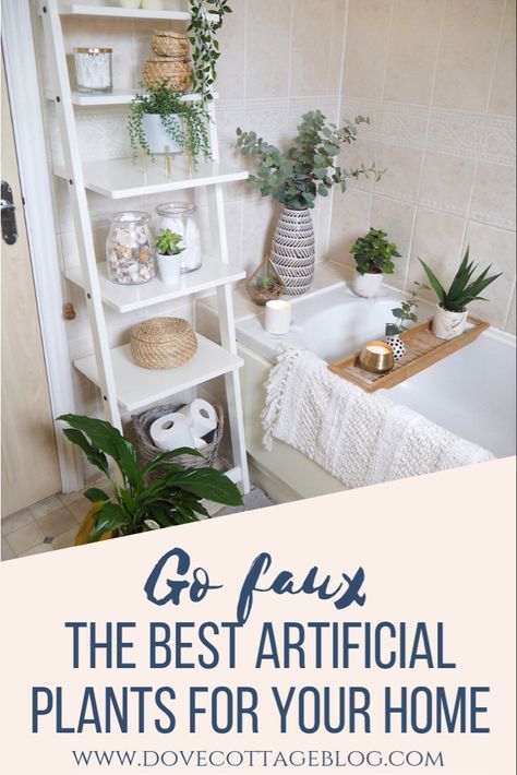 Where to find the best and most realistic looking artificial plants for your home. Including eucalyptus, ferns and faux houseplants. Bathroom styled with lots of greenery and houseplants to add some colour and a touch of nature #greenery #houseplants #houseplantclub #houseplantdecorideas #artificialplantsindoor #artificialplants #bathroomdecor #bathroomideas #bathroomstorage #laddershelf #fauxplants #artificialplant Rustic Bathroom Shelves, Artificial Plants Indoor, Timeless Bathroom, Rustic Bathroom Designs, Bathroom Plants, Stylish Bathroom, Rustic Bathroom, Nature Indoors, Bathroom Style