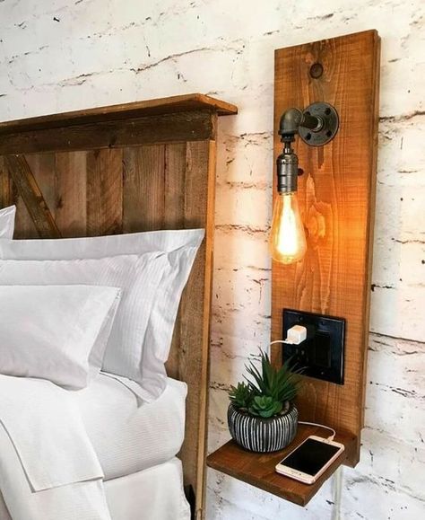 19 Floating Nightstand Ideas - GoTinySpace Diy Nightstand, Rustic Floating Shelves, Rustic Wall Sconces, Wooden Headboard, Estantes Flotantes, Rustic Bedroom, Bedroom Makeover, Bedroom Wall, Floating Nightstand