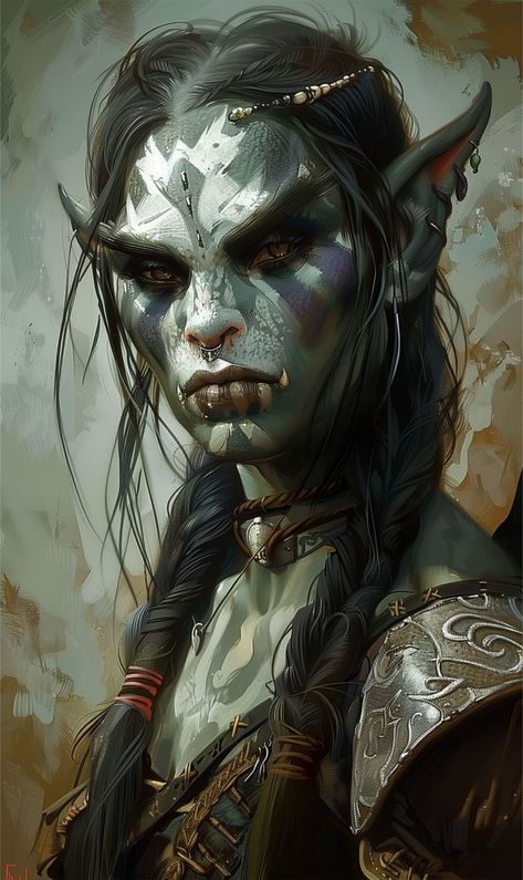 Goblin Art Female, Half Orc Character Design, Half Orc Dnd, Goblin Makeup, Half Orc Female, Female Half Orc, Dnd Orc, Female Orc, Npc Ideas