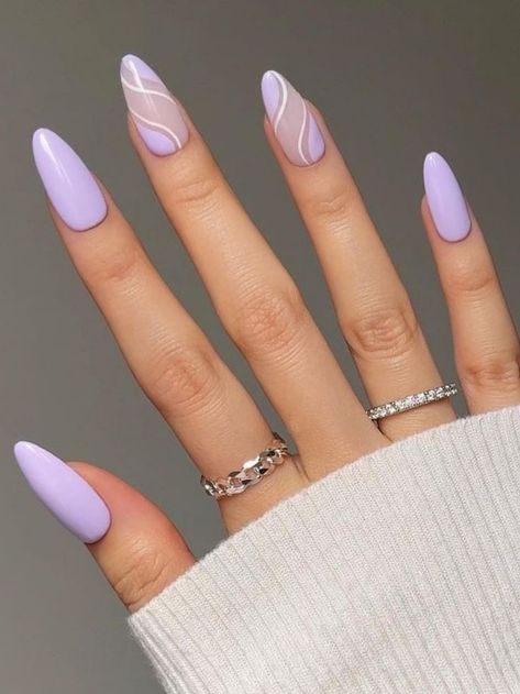 light purple almond nails with swirls Light Purple Nails, Purple Acrylic Nails, Lilac Nails, Milky Nails, Purple Nail Designs, Lavender Nails, Casual Nails, Purple Nail, Cute Gel Nails