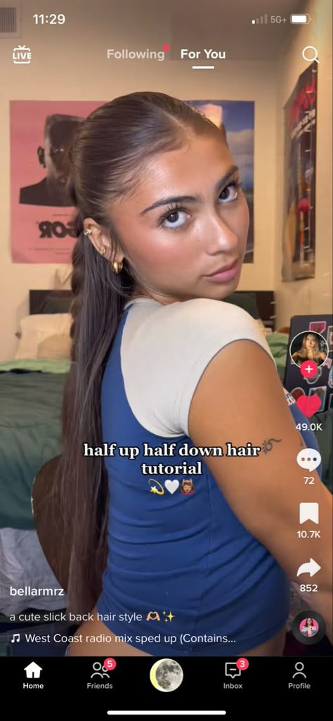 Slick Back Half Up Half Down Hair Straight, Slick Bag Hairstyles, Slick Back Crimped Hair, Slik Hairstyles Half Up Half Down, Half Up Half Down Clean Look, Slick Back Half Up Half Down Hair Bun, Slick Half Up Half Down Hair Middle Part, Slick Half Up Half Down Hair Straight, One Shoulder Dress Hairstyles Bridesmaid Half Up Half Down