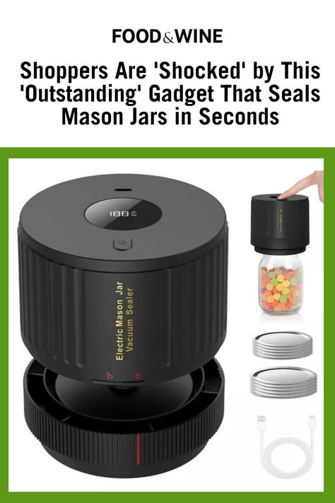 Getting an airtight seal is easy with this electric Mason jar vacuum sealer kit. It seals jars in 20 to 40 seconds with just the touch of a button. Peach Jelly, Jar Of Jam, Canning Food, Canning Food Preservation, Kitchen Gadgets Unique, Garden Food, Home Canning, Mason Jar Lids, Vacuum Sealer