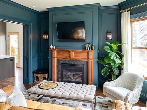 Renovation Husbands, Blue Green Kitchen, Cowboy Room, Dark Dining Room, White Drapery, Victorian Living Room, Living Room Renovation, Modern Victorian, Dark Walls