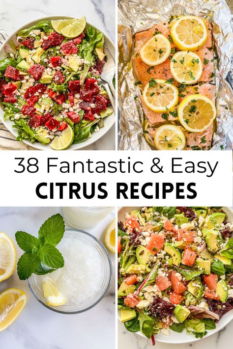 We have a list of thirty-eight delicious citrus recipes you will love! Whether looking for weeknight dinners, citrusy drinks, or desserts, we have all the healthy citrus recipes. Citrus Food Ideas, Citrus Side Dishes, True Citrus Recipes, Citrus Main Dish, Citrus Plated Desserts, Citrus Food, Bubbly Brunch, Salad With Citrus, Citrus Desserts