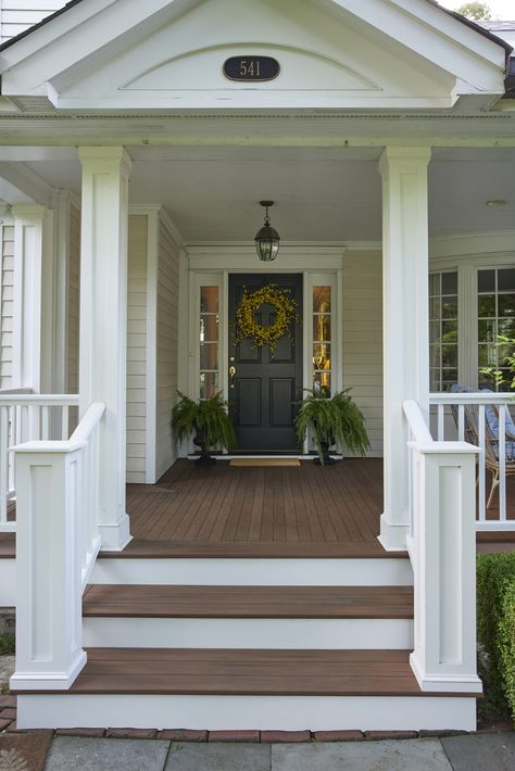 Transform your porch into a showstopper with our tongue-in-groove porch boards. It's easier than ever to boost your home's resale value while creating a welcoming space. Decking Color: Mahogany Wood Porches Ideas, Tongue And Groove Front Porch, Wood Porch Ideas, Front Porch Floor Ideas, Wooden Porch Ideas, Front Porch Colors, Beach House Front Porch, Wooden Front Porch, Decking Inspiration