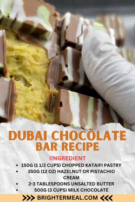 Dubai Chocolate Bar Recipe Dubai Bars Recipe, Homemade Dubai Chocolate, Diy Dubai Chocolate Bar, Best Dubai Chocolate Bar Recipe, Dubai Bar Chocolate, Dubai Chocolate Bar Recipe List, Dubai Chocolate Bar Original, How To Make Dubai Chocolate, Dubai Recipes