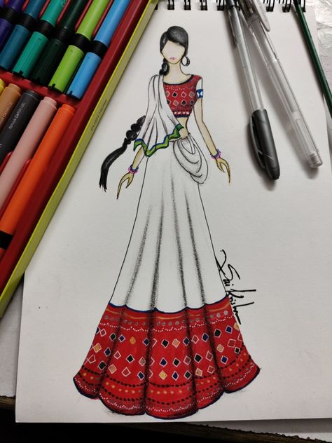 Traditional Gujarat Traditional Dress Illustration, Kerala Traditional Dress Illustration, Gujarat Traditional Dress, Traditional Dress Illustration, Dress Drawing Easy, Fashion Studies, Indian Drawing, Fashion Illustration Portfolio, Fashion Sketch Template