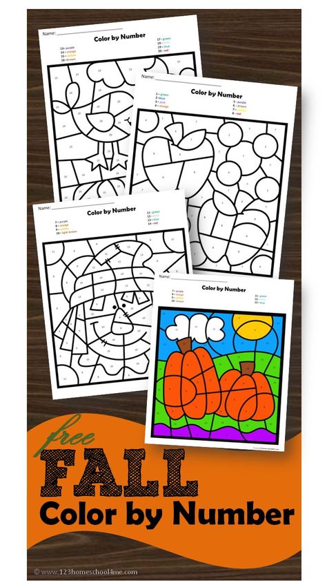 FREE Fall Color by Number - these free printable color by number math worksheets are great for helping preschool, prek, kindergarten, and first grade practice identifying numbers while strengthening fine motor skills with a fun fall twist: scarecrow, appl Fall Color By Number, Color By Letter, Identifying Numbers, Fall Worksheets, Number Worksheet, Color By Number Printable, Preschool Crafts Fall, Fall Math, Fall Kindergarten