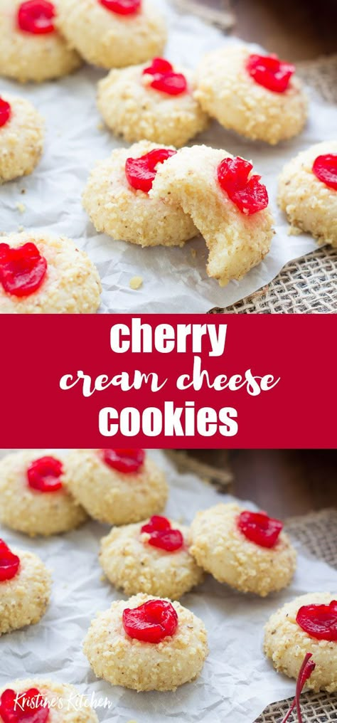 Soft, melt in your mouth cherry cream cheese cookies. These Christmas cookies are made with almond extract and marachino cherries and rolled in walnuts or pecans. The best Christmas cookie recipe! #cookies #christmascookies Marachino Cherries, Cherry Cream Cheese, Valentine Sweets, Bars Cookies, Xmas Baking, Recipe Cookies, Best Christmas Cookie Recipe, Cherry Cookies, Family Baking