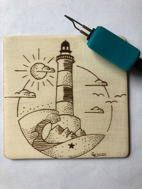 Pyrography Lighthouse Patterns, Wood Burning Lighthouse, Beach Rock Painting Ideas, Wood Burning Easy, Easy Wood Burning Ideas For Beginners, Beach Rock Painting, Wood Burning Ideas For Beginners, Beginner Wood Burning, Burn Wood