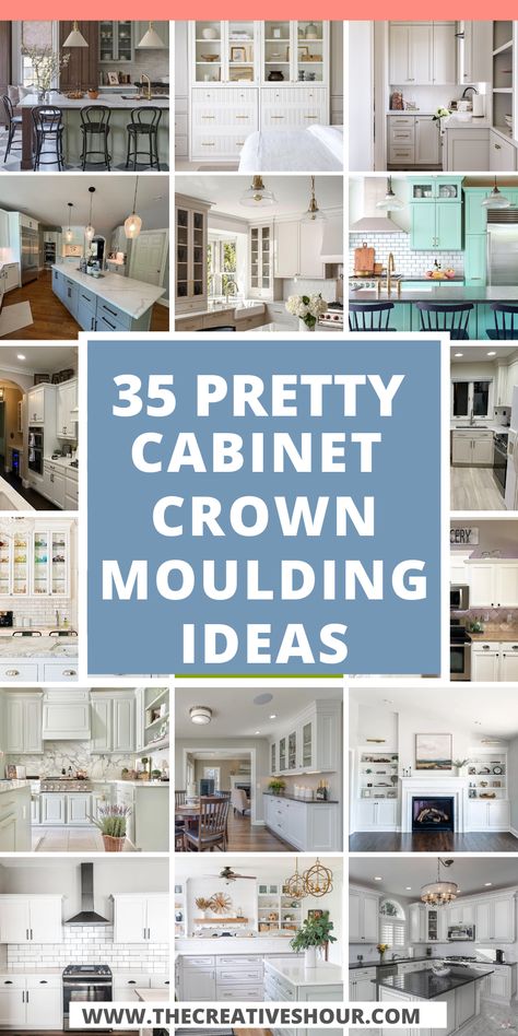 Explore the world of Cabinet Crown Moulding with our diverse range of ideas and styles. Whether you aim to extend it to the ceiling for a grand effect or prefer a more understated, modern look, we have something for you. Elevate your kitchen with shaker-style Cabinet Crown Moulding, or keep it simple yet elegant with minimalistic designs. Discover the perfect Cabinet Crown Moulding style to add a touch of sophistication and charm to your space. Under Cabinet Moldings And Trim, Adding Crown Molding To Cabinets, Cabinet Crown Molding Ideas, Farmhouse Trim Moldings, Crown Moulding Ideas, Modern Shaker Cabinets, Crown Moulding Kitchen Cabinets, Cabinet Crown Molding, Crown Molding Ideas