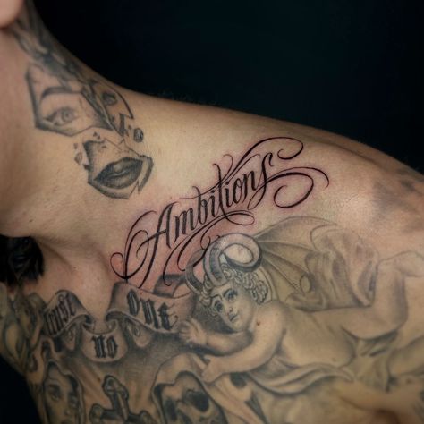 Talk Is Cheap Tattoo, Chest Tattoo Men Lettering, Chest Lettering Tattoo Men, Chest Script Tattoo, Mom Tattoo For Men, Side Tattoos For Men, Chest Tattoo Writing, Chest Tattoo Lettering, Ambition Tattoo