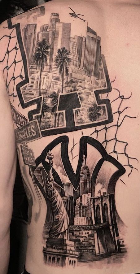 Los Angeles Sleeve Tattoo, The World Is Yours Blimp Tattoo, City Of Angels Tattoo, New York Tattoo Ideas For Men, Miami Tattoo Ideas Men, Cr7 Tattoo Design, Black And Grey Tattoos Sleeve Men, La City Tattoo, Bronx Tattoo Ideas