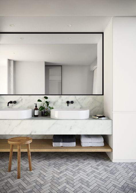 Marble And Oak Bathroom, White Marble Vanity, Commercial Property Design, Carrara Marble Bathroom, Bathroom Tall Cabinet, Marble Vanity, Oak Bathroom, Timeless Bathroom, Oak Shelves