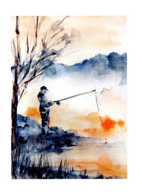 Fisherman Painting, Doodle Watercolor, Man Fishing, Watercolor Pencil Art, Seaside Art, Watercolor Fish, Water Colours, Watercolour Inspiration, Ink Wash